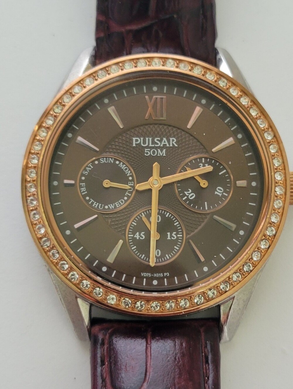 Pulsar Womens Watch 38mm Brown Dial Multi Day Date Crystal Bezel New Battery